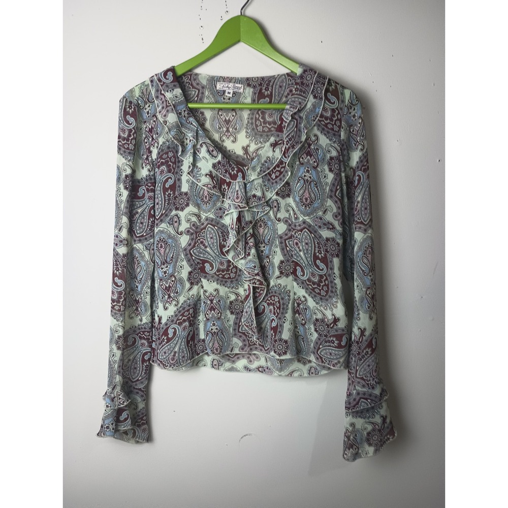 Lucky Brand Vintage Y2K Paisley Chiffon Ruffle Blouse Green Burgundy 8WW1725 M